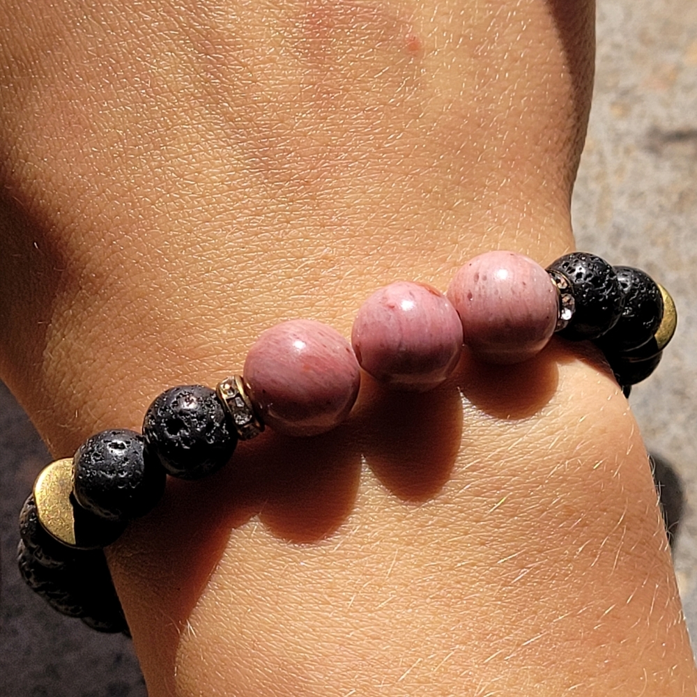 Rhodonite Lava Bead Genuine Stone Bracelet - Picture 2 of 4